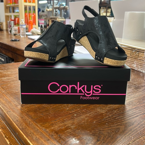 Corkys Shoes - Corkys Black Metallic Volta II Wedge Sandals